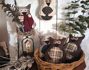 PATTERN - PRIMITIVE OWLS Ornies & Bowlies - "Quick Prims" Sewing Patterns, Prim Owl, Folkart, Instant Download
