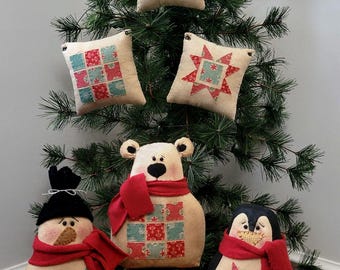 PATTERN - "Quilty Winter Friends & Ornies" - Snowman, Polar Bear, Penguin and Square Christmas Quilt Ornaments