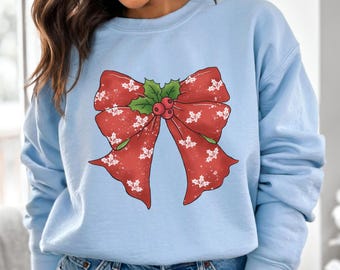 Coquette Bow Christmas Holly Berries Trendy T-Shirts and Sweatshirts Bow Holiday Shirt for Family Christmas Girly Shirt for Women Youth Kids