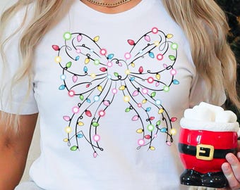 Coquette Bow Christmas Lights Trendy T-Shirts and Sweatshirts Bow Holiday Shirts for Family Christmas Girly Shirt for Women Youth Kids Tees
