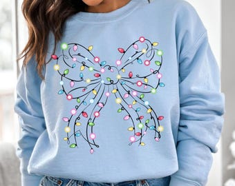 Coquette Bow Christmas Lights Trendy T-Shirts and Sweatshirts Bow Holiday Shirts for Family Christmas Girly Shirt for Women Youth Kids Tees