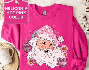 Pink Santa Christmas Retro Vintage T-Shirts Sweatshirts Retro Disco Ball Santa Tee Holiday Boho Floral Santa Family Adult Youth Toddler Baby