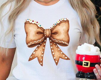 Christmas Ginger Bread Cookie Coquette Bow Trendy T-Shirts and Sweatshirts Christmas Cookie Bow Shirt Trendy Holiday Shirts for Family