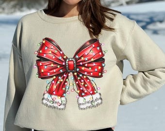 Coquette Bow Christmas Lights Trendy T-Shirts and Sweatshirts Santa Bow Holiday Shirts for Family Christmas Girly Shirt for Women Youth Kids