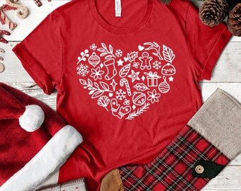 Christmas Heart Shirt, Christmas Icons Shirt, Christmas Floral Heart Shirt, Holiday Shirt, Holiday Season, Women Christmas Shirt, UNISEX