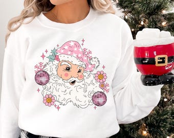 Pink Santa Christmas Retro Vintage T-Shirts Sweatshirts Retro Disco Ball Santa Tee Holiday Boho Floral Santa Family Adult Youth Toddler Baby