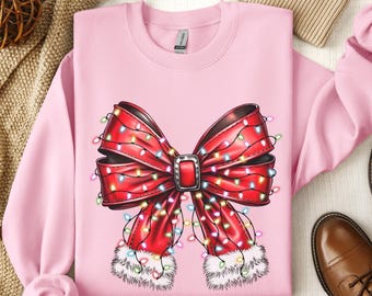 Coquette Bow Christmas Lights Trendy T-Shirts and Sweatshirts Santa Bow Holiday Shirts for Family Christmas Girly Shirt for Women Youth Kids
