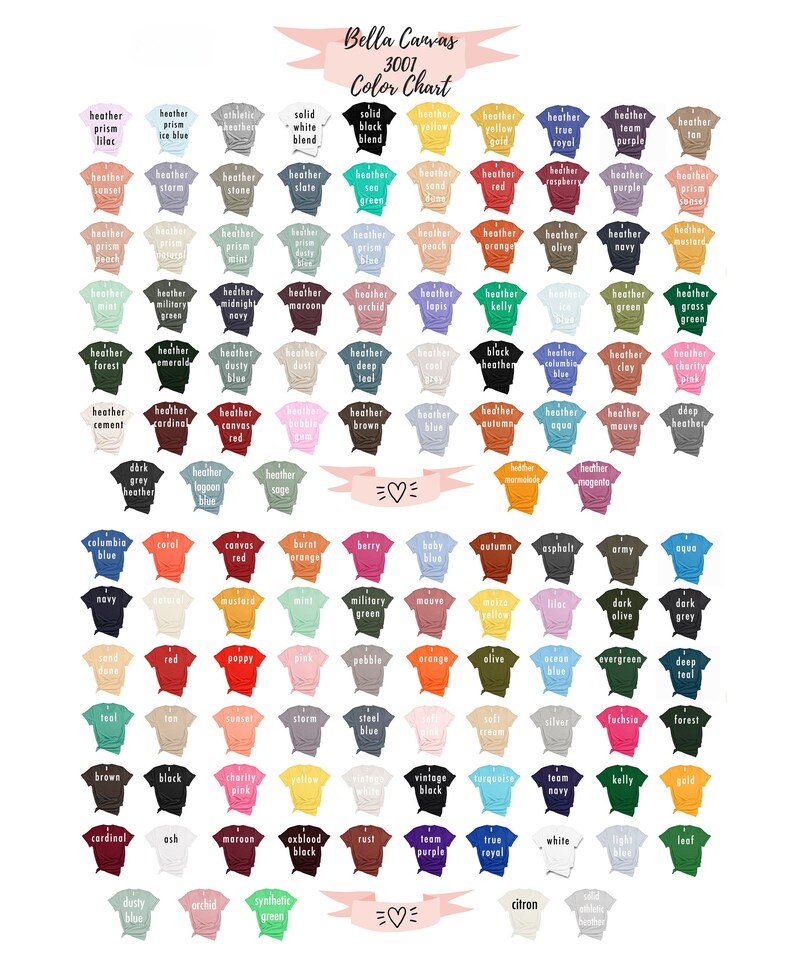 Puede incluir: Una tabla de colores que muestra los diferentes colores de las camisetas Bella Canvas 3001. La tabla est&aacute; organizada por familia de colores e incluye una variedad de tonos, incluyendo colores jaspeado, s&oacute;lidos y colores verdaderos.