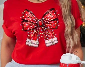 Coquette Bow Christmas Lights Trendy T-Shirts and Sweatshirts Santa Bow Holiday Shirts for Family Christmas Girly Shirt for Women Youth Kids