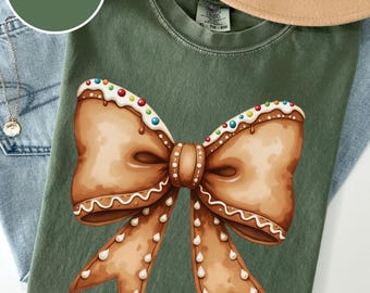 Comfort Colors Bow Christmas Coquette Ginger Bread Cookie Bow Trendy T-Shirts Christmas Cookie Bow Shirt Trendy Holiday Shirts for Family