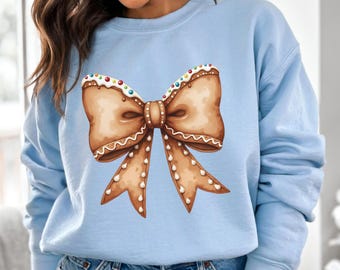Christmas Ginger Bread Cookie Coquette Bow Trendy T-Shirts and Sweatshirts Christmas Cookie Bow Shirt Trendy Holiday Shirts for Family