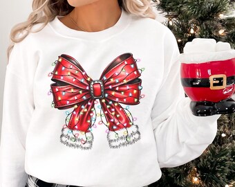 Coquette Bow Christmas Lights Trendy T-Shirts and Sweatshirts Santa Bow Holiday Shirts for Family Christmas Girly Shirt for Women Youth Kids
