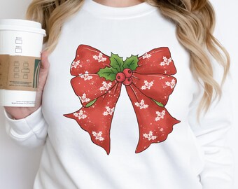 Coquette Bow Christmas Holly Berries Trendy T-Shirts and Sweatshirts Bow Holiday Shirt for Family Christmas Girly Shirt for Women Youth Kids