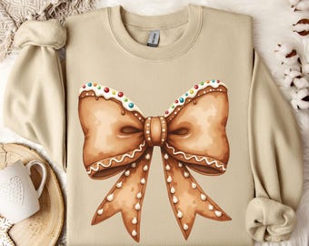 Christmas Ginger Bread Cookie Coquette Bow Trendy T-Shirts and Sweatshirts Christmas Cookie Bow Shirt Trendy Holiday Shirts for Family