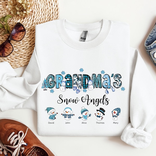 Christmas Custom Name Grandma Gift T-Shirts Sweatshirts Trendy Snowman Sweater Grandmother Personalized Grandchildren Names for Holiday Tee