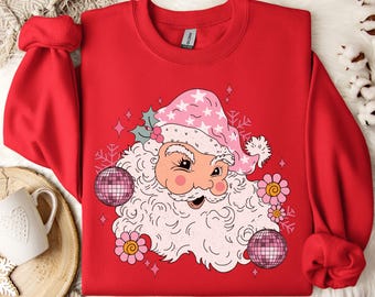 Pink Santa Christmas Retro Vintage T-Shirts Sweatshirts Retro Disco Ball Santa Tee Holiday Boho Floral Santa Family Adult Youth Toddler Baby