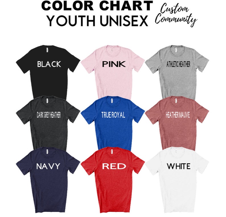 May include: Color chart showing youth unisex t-shirt colors. The colors are black, pink, athletic heather, dark grey heather, true royal, heather mauve, navy, red, and white.