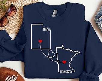 Sudadera personalizada con mensaje "Relación a larga distancia entre estados", "Mejores amigos", "Corazón en dos lugares", "Amistad de amor a larga distancia" y "Familia a juego"