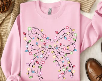 Coquette Bow Christmas Lights Trendy T-Shirts and Sweatshirts Bow Holiday Shirts for Family Christmas Girly Shirt for Women Youth Kids Tees