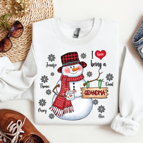 Christmas Custom Name Grandma Gift Shirt Sweatshirts Trendy Snowman Design Sweater Grandmother Personalized Grandchildren Names for Holiday