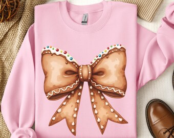 Christmas Ginger Bread Cookie Coquette Bow Trendy T-Shirts and Sweatshirts Christmas Cookie Bow Shirt Trendy Holiday Shirts for Family