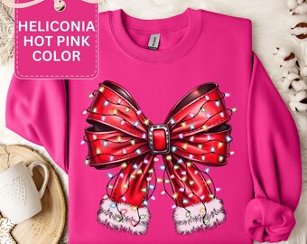Coquette Bow Christmas Lights Trendy T-Shirts and Sweatshirts Santa Bow Holiday Shirts for Family Christmas Girly Shirt for Women Youth Kids