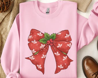 Coquette Bow Christmas Holly Berries Trendy T-Shirts and Sweatshirts Bow Holiday Shirt for Family Christmas Girly Shirt for Women Youth Kids
