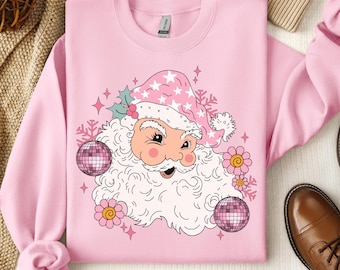 Pink Santa Christmas Retro Vintage T-Shirts Sweatshirts Retro Disco Ball Santa Tee Holiday Boho Floral Santa Family Adult Youth Toddler Baby