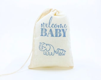 Elephant Favor Bags Welcome Boy Baby Shower Party Bag Candy Gift Bag Goodie Bag Zoo Safari Cloth Bag Animal Theme Muslin Bag