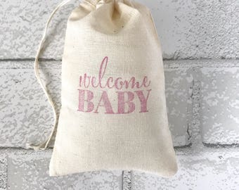 Welcome Baby Girl Favor Bags Shower Party Bag Candy Gift Bag Goodie Bag Cloth Muslin Bag