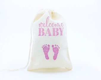 Welcome Baby Footprint Favor Bags Girl Baby Shower Party Bags Baby Boy Candy Gift Bag Baby Girl Goodie Bag Baby Feet Cloth Muslin Bag