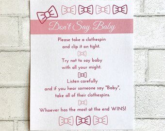 Dont Say Baby Sign Instant Printable Digital Download Baby Shower Game Pink Bow Tie Clothespin Clothes Pin Decoration Diaper Clip Pin