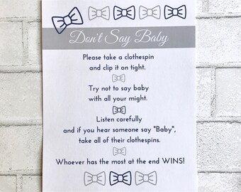 Dont Say Baby Sign Instant Printable Digital Download Baby Shower Game Gray Bow Tie Clothespin Clothes Pin Decoration Diaper Clip Pin