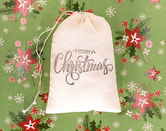 Merry Christmas Script Favor Bags Christmas Party Bags Holidays Goodie Candy Cloth Muslin Bag Gift Bag Wrap Exchange Advent Soap Stocking