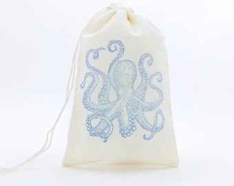 Octopus Favor Bags Nautical Party Bags Wedding Welcome Gift Bag Baby Shower Birthday Ocean Beach Candy Goodie Jewelry Soap Cloth Muslin Bag