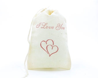 Love Hearts Favor Bag Valentine's Day Gift Bag Muslin Cloth Bag XOXO Be Mine Party Favor Thank You Jewelry Soap Bag