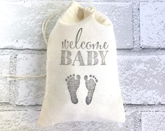 Welcome Baby Footprint Favor Bags Baby Shower Party Bags Baby Boy Candy Gift Bag Baby Girl Goodie Bag Baby Feet Cloth Muslin Bag