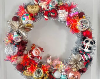 Vintage Christmas Ornament Wreath Handmade - Kitsch Christmas