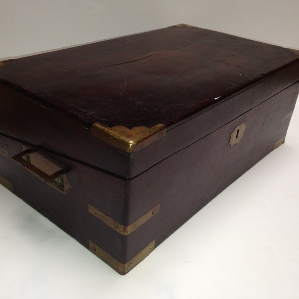 Antique Walnut Portable Lap Desk Leather Writing Surface Brass Handles/Trim (G4173)