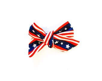 american hair bow flag hair bow americana bow patriotic hair bow hand tied hair bow | Pasha Bow Riveter- headband, clip, or pony tail