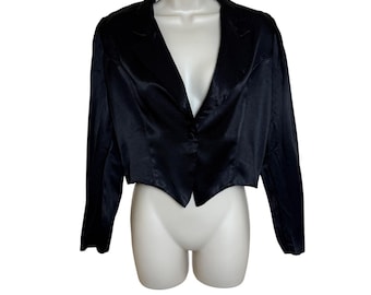 Blazer da smoking vintage corto da donna, taglia M, nero, raso, stile gotico, glamour, per feste, retrò