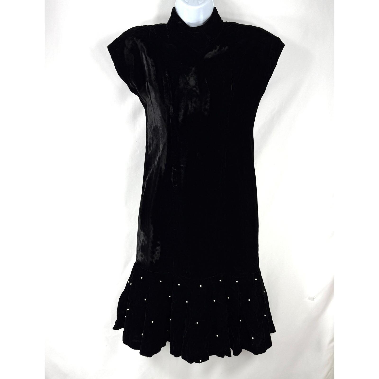 black mini dress with ruffle bottom Mock Long Sleeve Pearl Velvet Dress  IULOVER