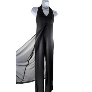 Vintage Black Halter Jumpsuit Chiffon Overlay Skirt & Open Back Design Size 7
