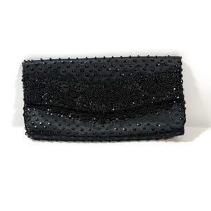 Vintage Black Beaded Satin Evening Clutch Bag Micro Bead Flowers Snap Close  Handmade in Hong Kong