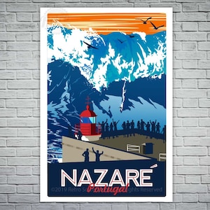 Surfen Reisposter Nazare' Portugal vintage retroposter