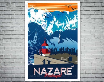 Surfing Travel poster Nazare' Portugal vintage retro  poster