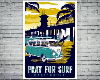 pray for surf california vintage retro surf poster