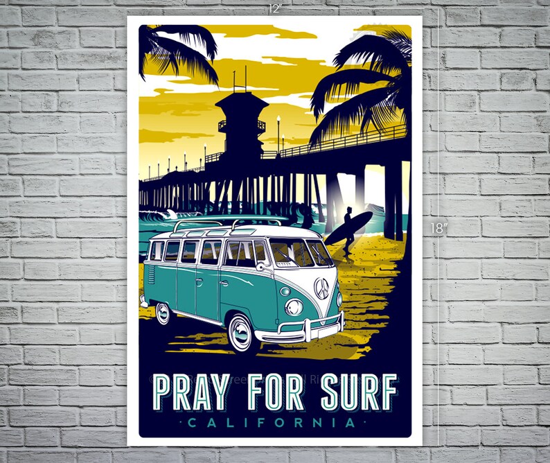 pray for surf california vintage retro surf poster image 1