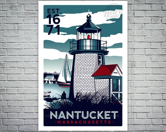 Nantucket Massachusetts Light House Retro Vintage nautical Screen Print poster Cape Cod - etsy