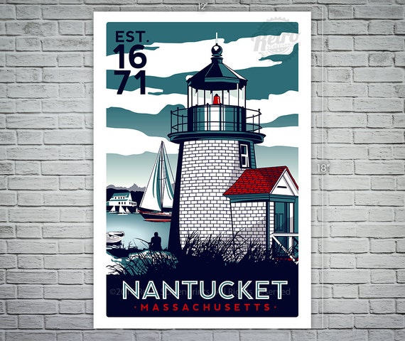 Nantucket Massachusetts Light House Retro Vintage nautical Screen Print poster Cape Cod - etsy